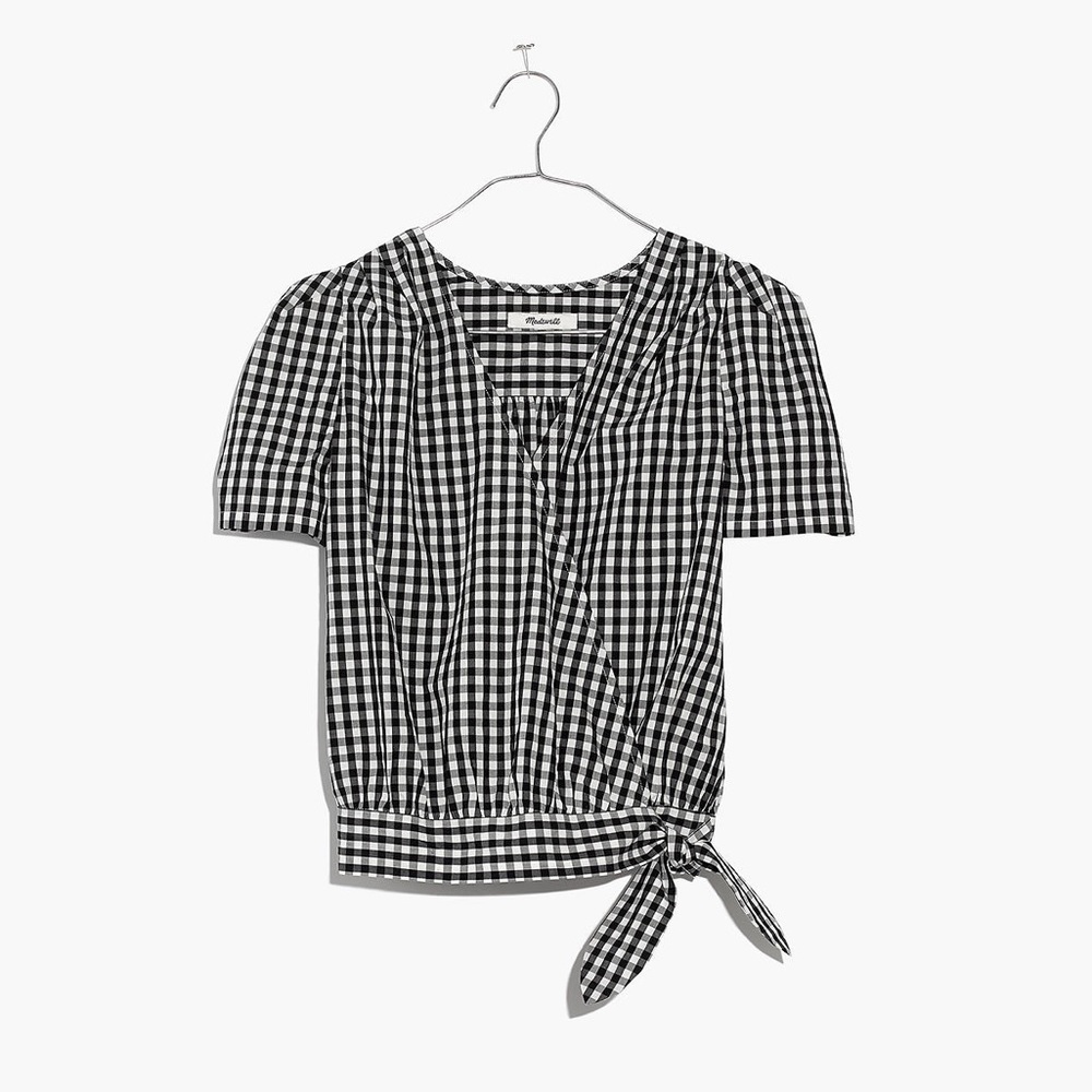 NWT Madewell Short-Sleeve Black/White Gingham Wrap Cropped Top